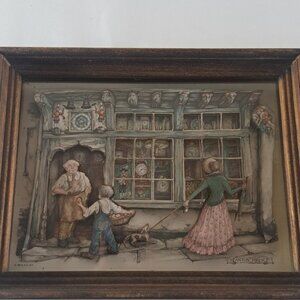 Vintage Anton Pieck 3D Shadow Box Paper Picture Town Clock Shop Dog 10x7.5